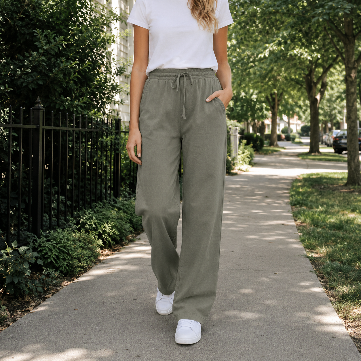 Washed Olive Green relaxed pants female weekend walking try-on