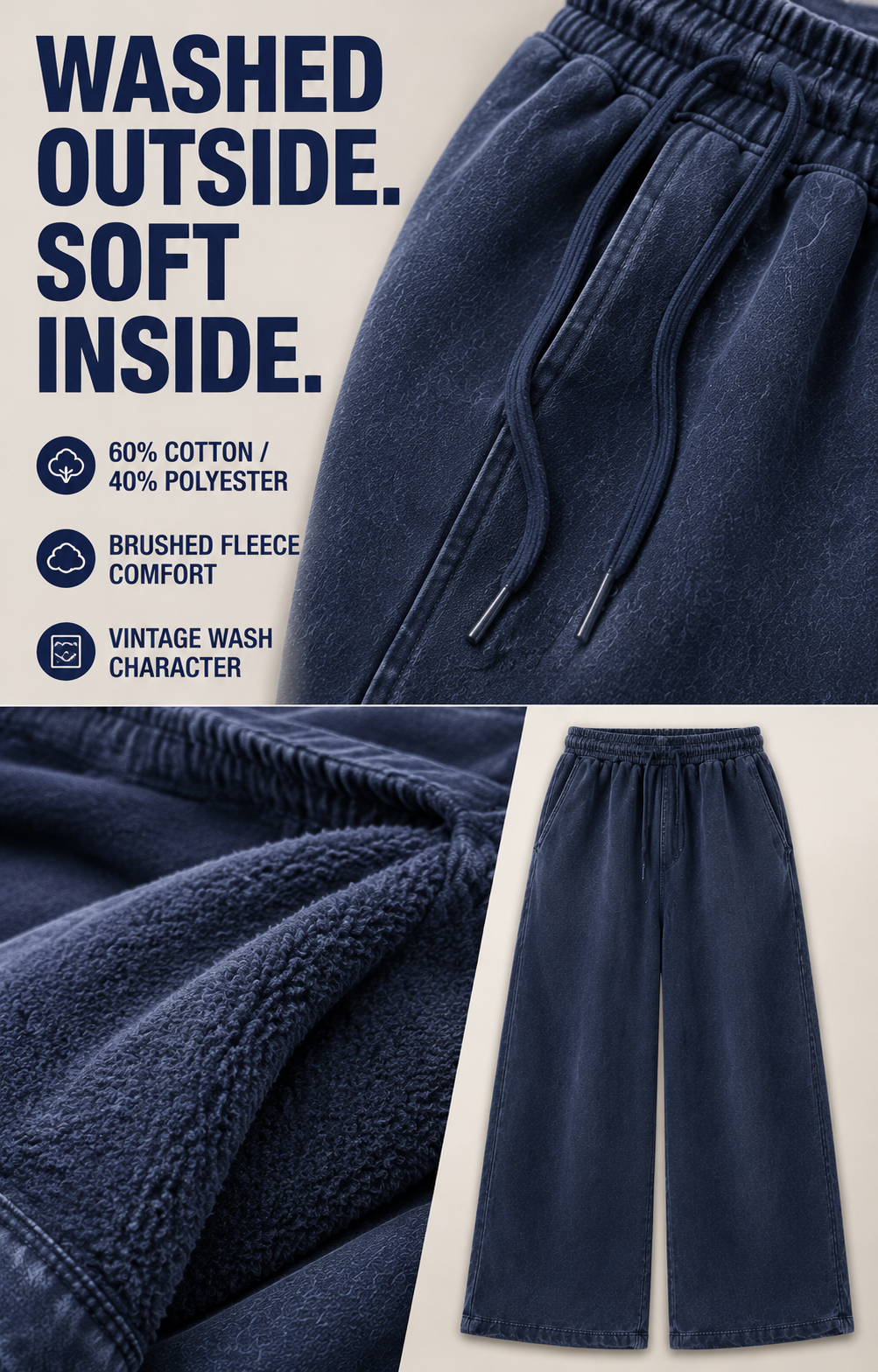 Vintage wash exterior and brushed fleece interior details