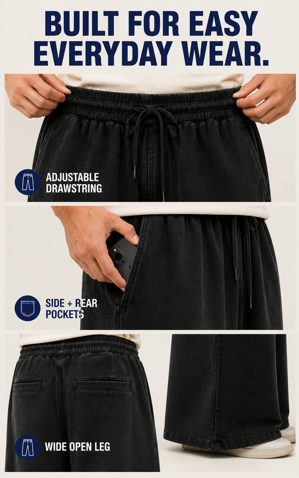 Adjustable drawstring side and rear pockets and wide open leg