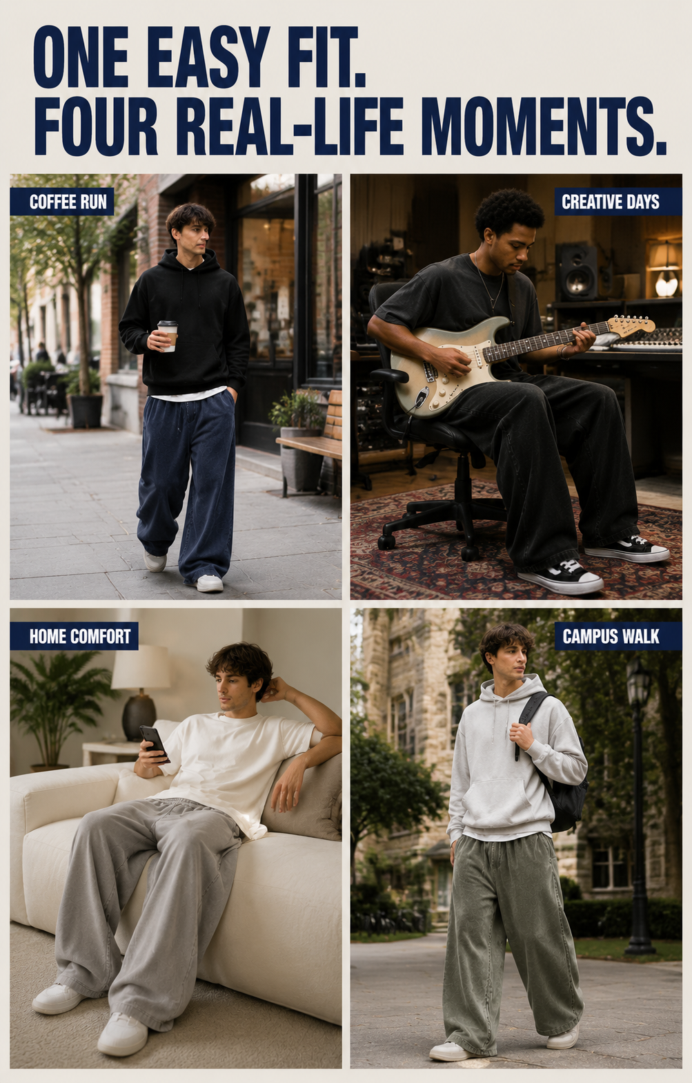 Baggy sweatpants coffee run creative home and campus scenes