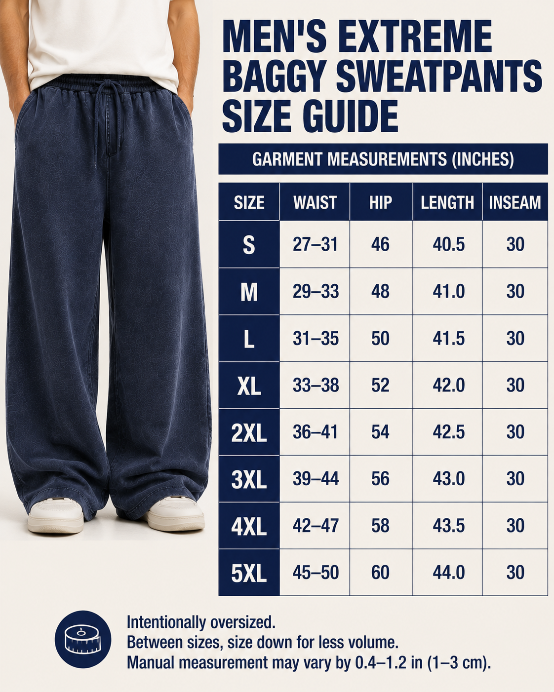 Extreme-baggy sweatpants garment size guide S through 5XL