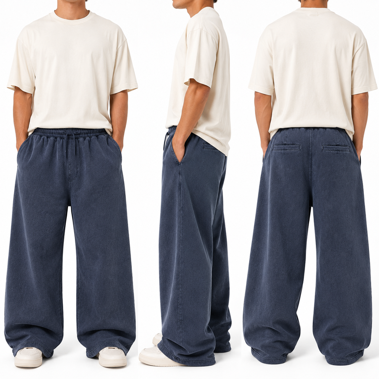 Extreme-baggy fleece sweatpants front side and back try-on