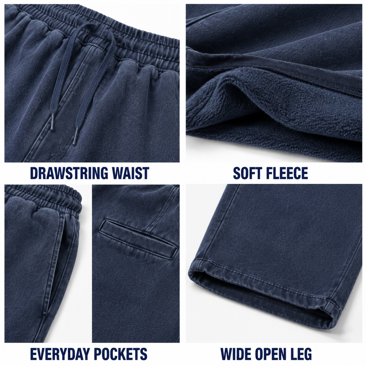 Drawstring waist soft fleece pockets and wide open leg details