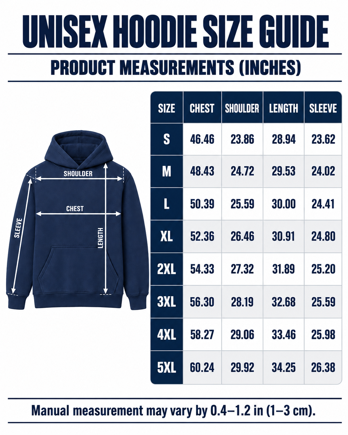 Unisex hoodie S through 5XL product measurements in inches