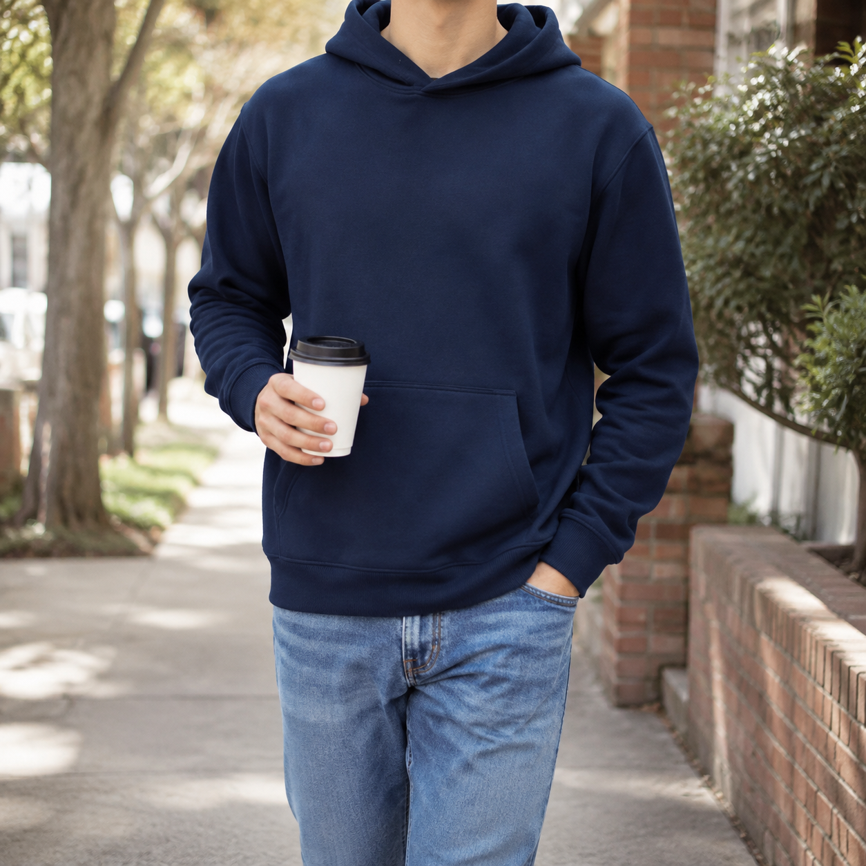 Faceless navy hoodie everyday outdoor try-on