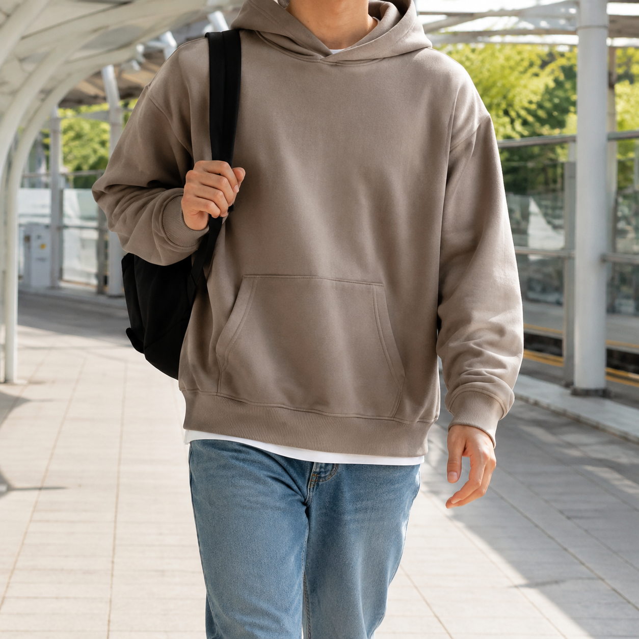 Faceless taupe hoodie travel-day try-on