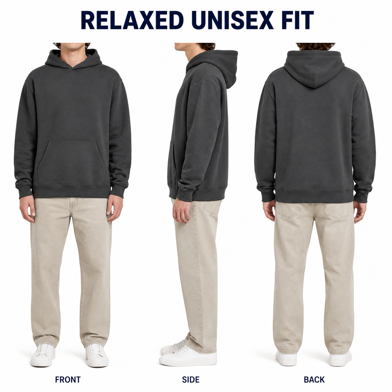 Faceless charcoal hoodie front side and back fit
