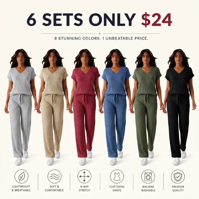 Women's Ultra-Soft Brushed Ribbed Knit 2-Piece Loungewear Set - V-Neck Top & High Waist Wide Leg Pants