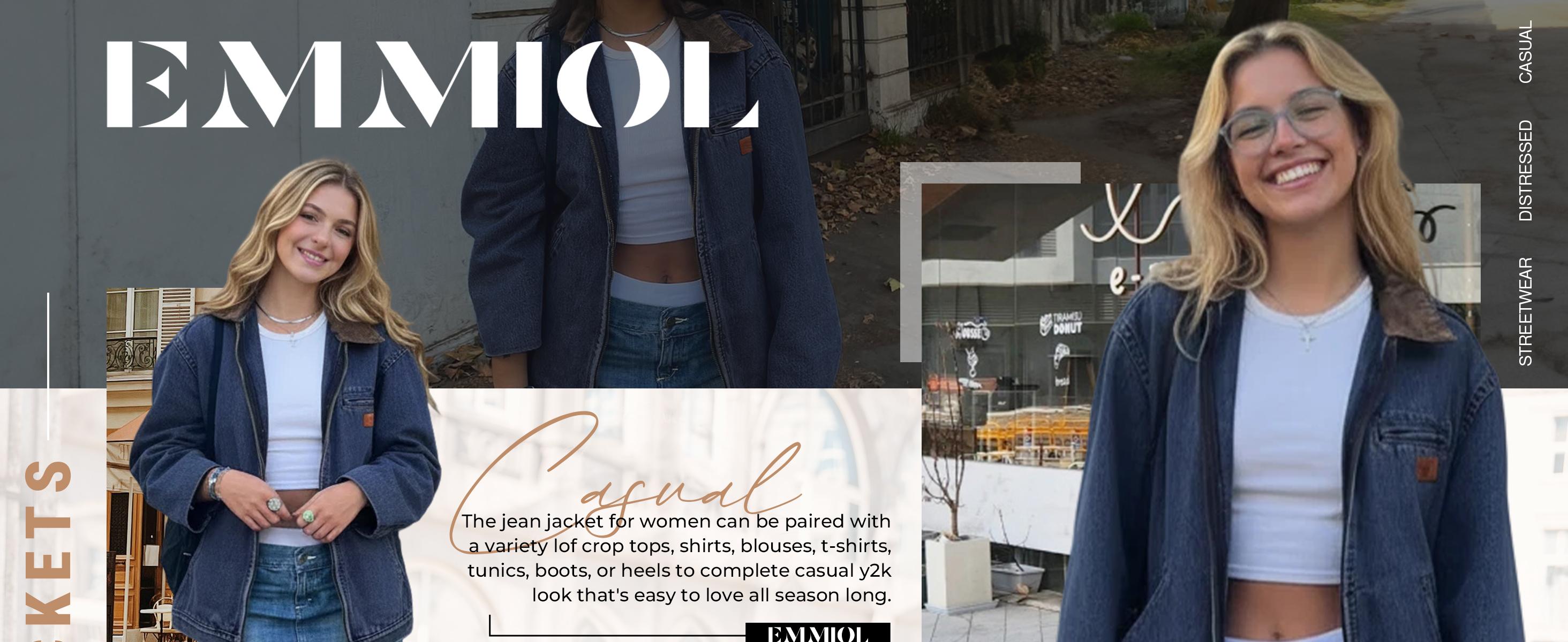 EMMIOL【Back to School】Barn Jean Jacket for Women Zipper 2026 Clean Fit Long Sleeve Denim Jackets