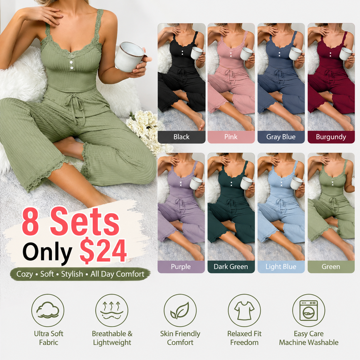 Women's Sleeveless Lace Trim Camisole Top & Long Pants Basic Pajama Set
