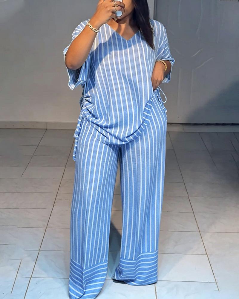 Women's 2-Piece Striped Loose-Fitting V-Neck Thin Drape Wide-Leg Pants Suit, Summer New Fashion Casual Clothes for Women, Women's Clothes Women's 2-Piece Striped Loose-Fitting V-Neck Thin Drape Wide-Leg Pants Suit, Summer New Fashion Casual Clothes for Women, Women's Clothes