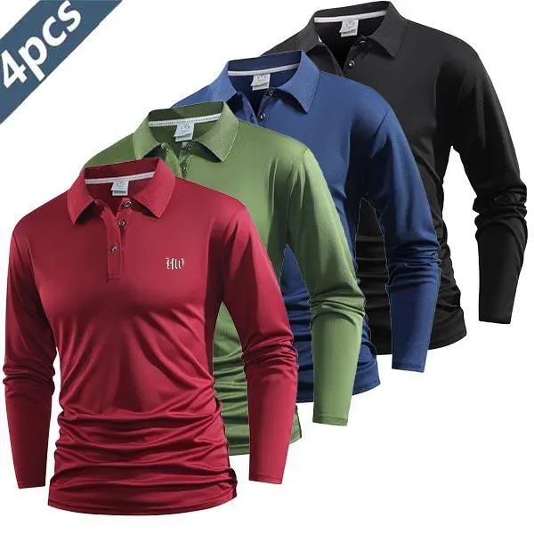 Men's 4-Pack Performance Long Sleeve Polo Shirts - Quick-Dry Athletic Golf & Tennis Tops