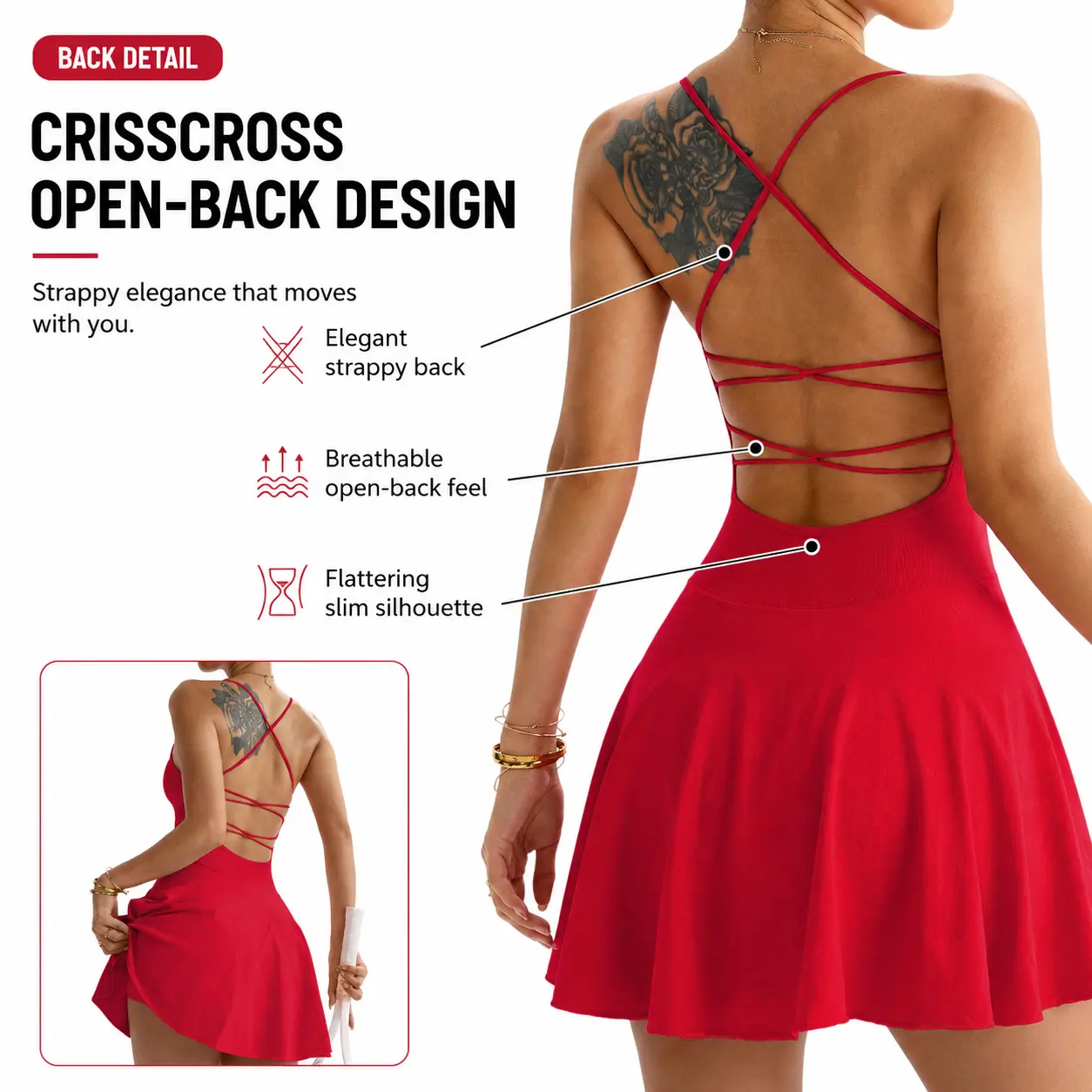 TCVC Women's Cross Back Tennis Dress with Built-in Shorts & Pockets, Sleeveless Breathable Workout Active Dress for Golf Yoga Daily Wear
