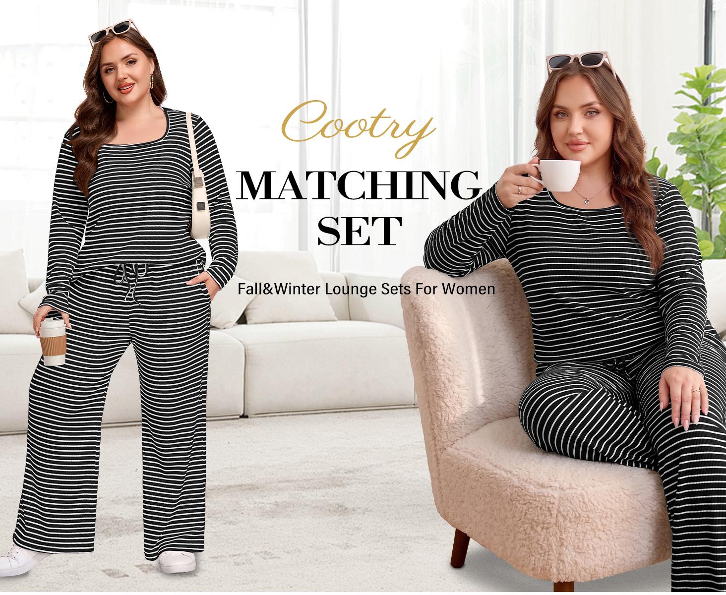 COOTRY Plus Size Curvy Women Matching 2‑Piece Outfit Set, Casual Stripe Print Long‑Sleeve Relaxed‑Fit Top & Below‑Ankle Pants, Machine Washable, Versatile For Fall Winter Everyday Occasions, 1XL‑6XL