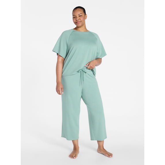 Women's Ultra-Soft French Terry 2-Piece Lounge Set - Raglan Short Sleeve Top & Capri Pants