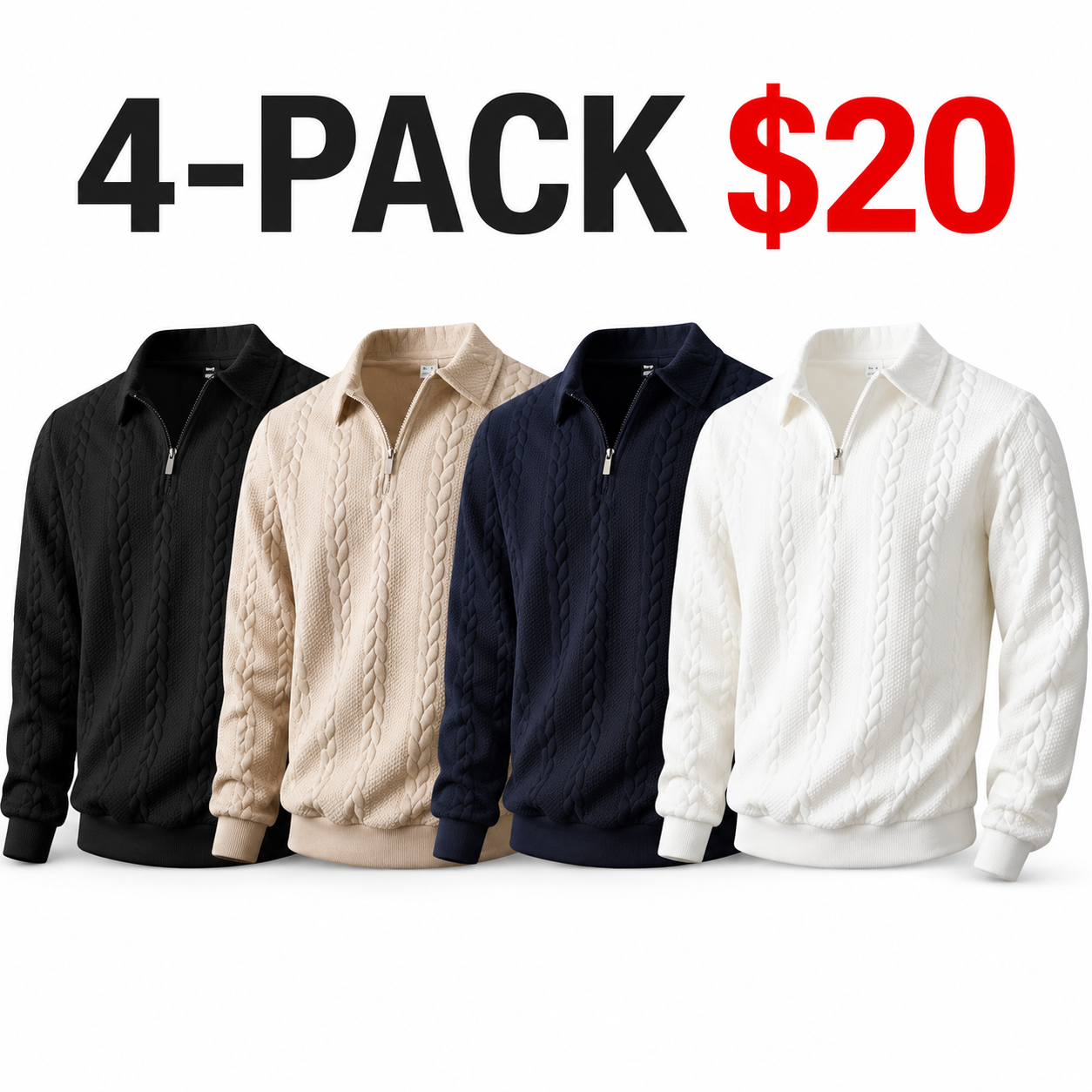 Men's Knitted Polo Neck Half-Zip Sweatshirt – Fitted Cable Knit Pullover