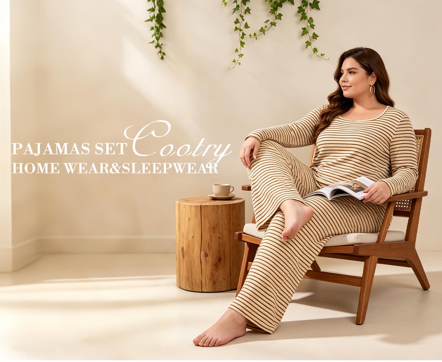 COOTRY Plus Size Curvy Women Matching 2‑Piece Outfit Set, Casual Stripe Print Long‑Sleeve Relaxed‑Fit Top & Below‑Ankle Pants, Machine Washable, Versatile For Fall Winter Everyday Occasions, 1XL‑6XL