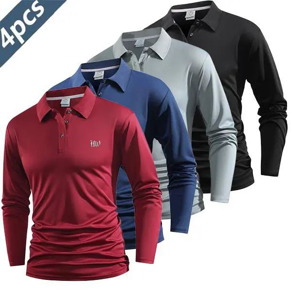 Men's 4-Pack Performance Long Sleeve Polo Shirts - Quick-Dry Athletic Golf & Tennis Tops