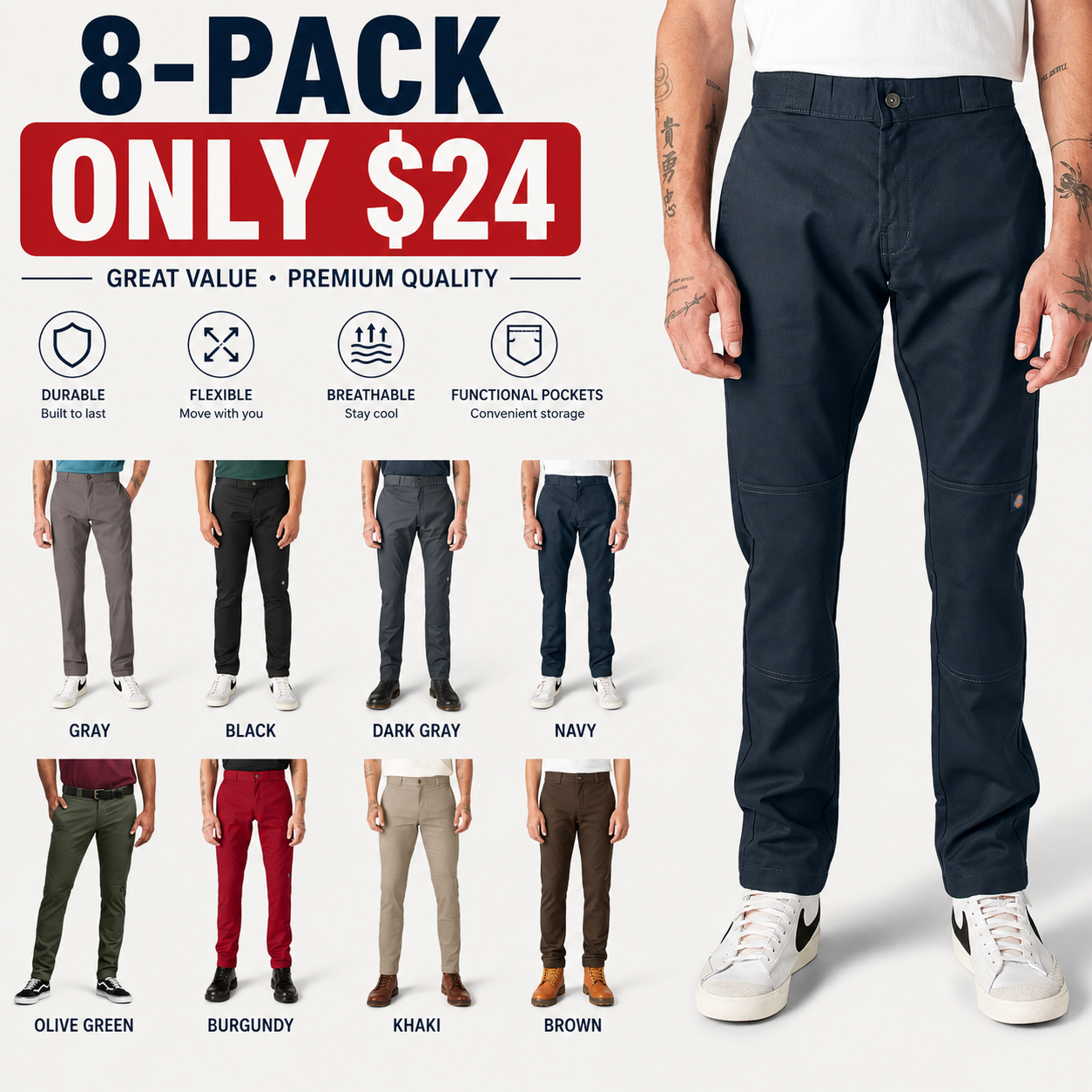 Men's Flex Skinny Fit Double Knee Work Pants – Stretch, Stain-Resistant, Reinforced