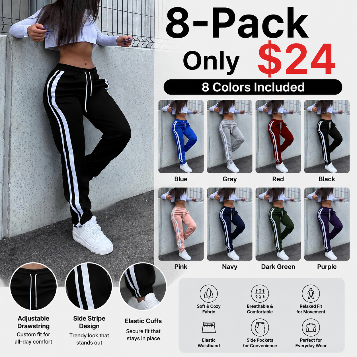 Women's Side Striped Casual Athletic Pants - High Waisted Drawstring Jogger Sweatpants