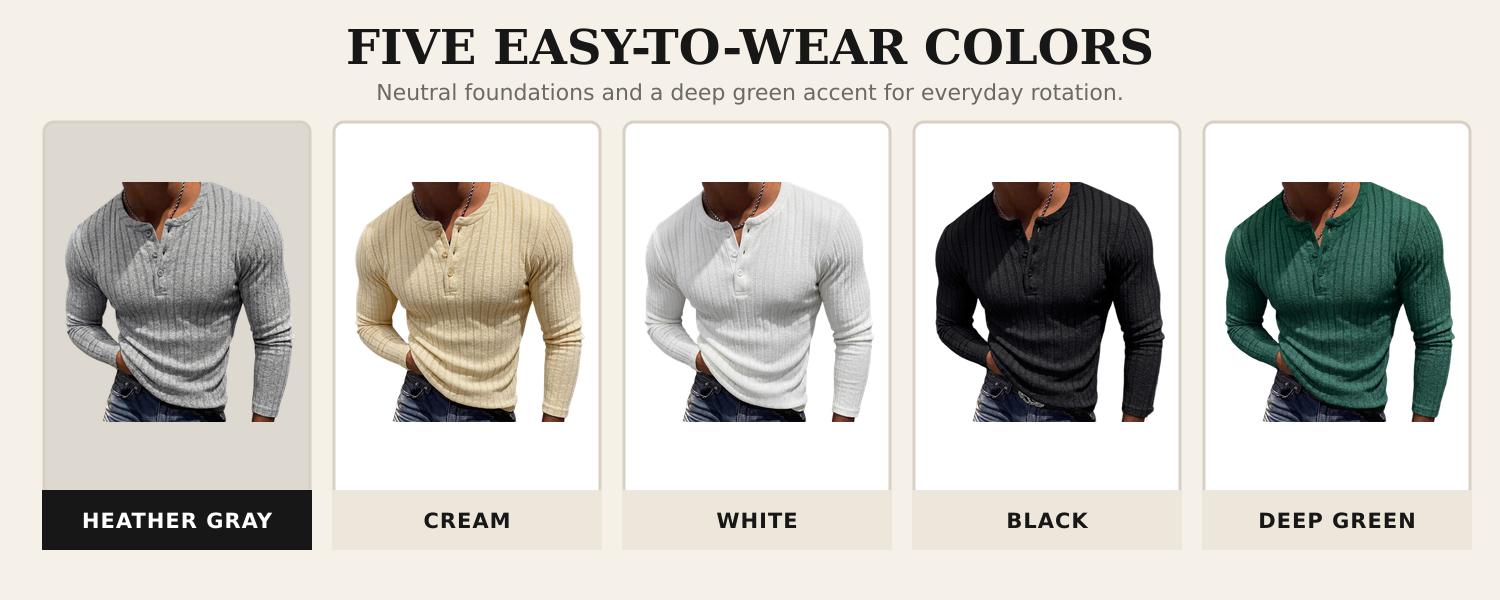 Men&rsquo;s Ribbed Henley Long Sleeve Shirt Slim Fit Stretch Casual Knit Pullover for Men Soft Breathable Fashion Tee