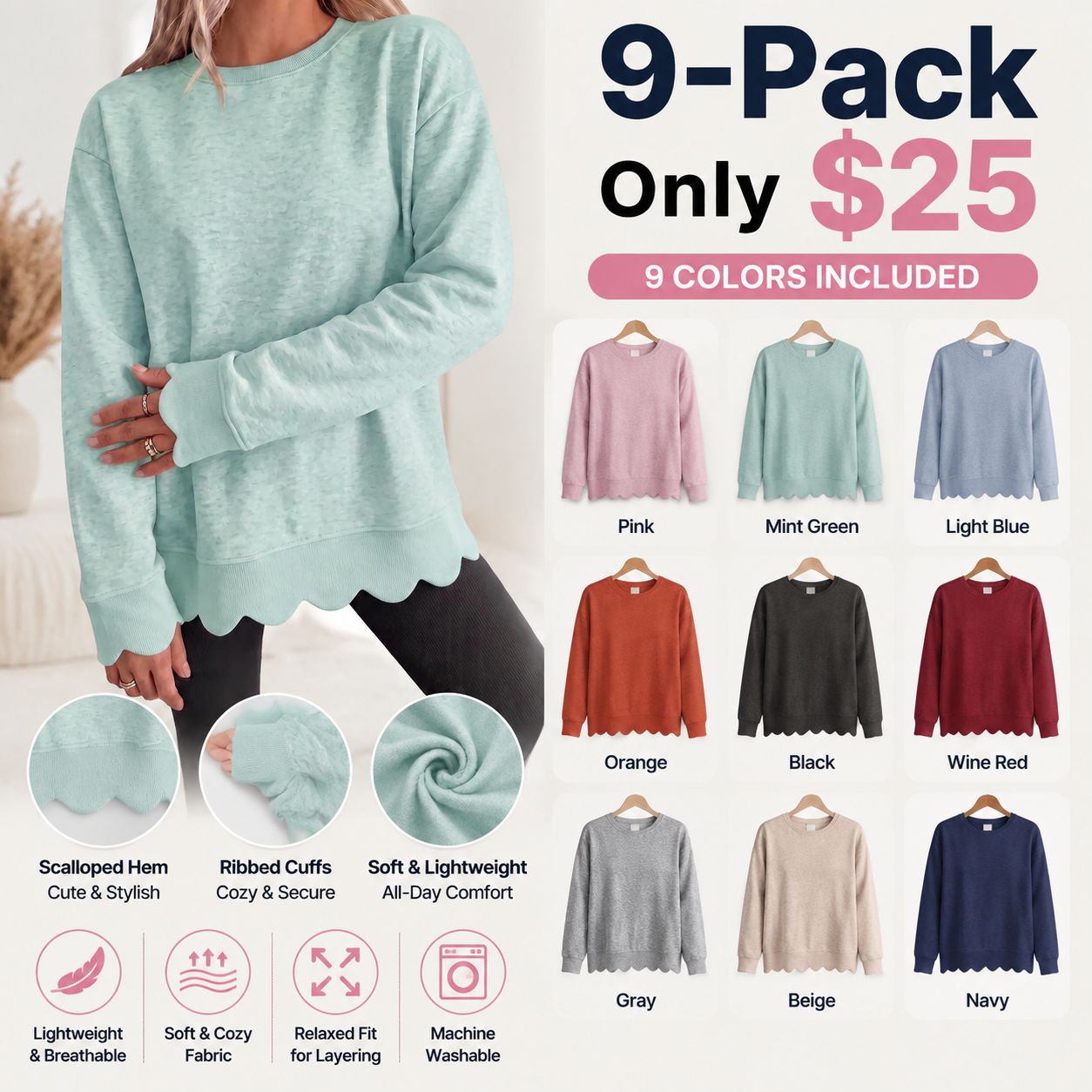 Women's Oversized Scallop Hem Heather Sweatshirt - Vintage Crewneck Tunic Pullover