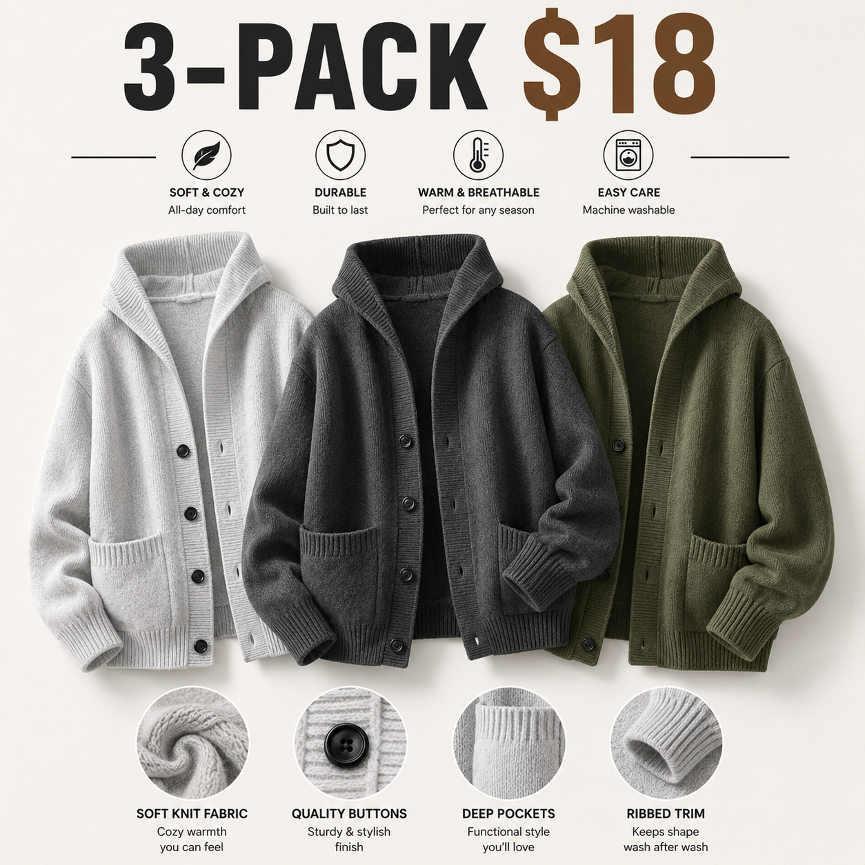 Men's Solid Heavyweight Button-Up Hooded Sweatshirt – Fitted Retro Pullover