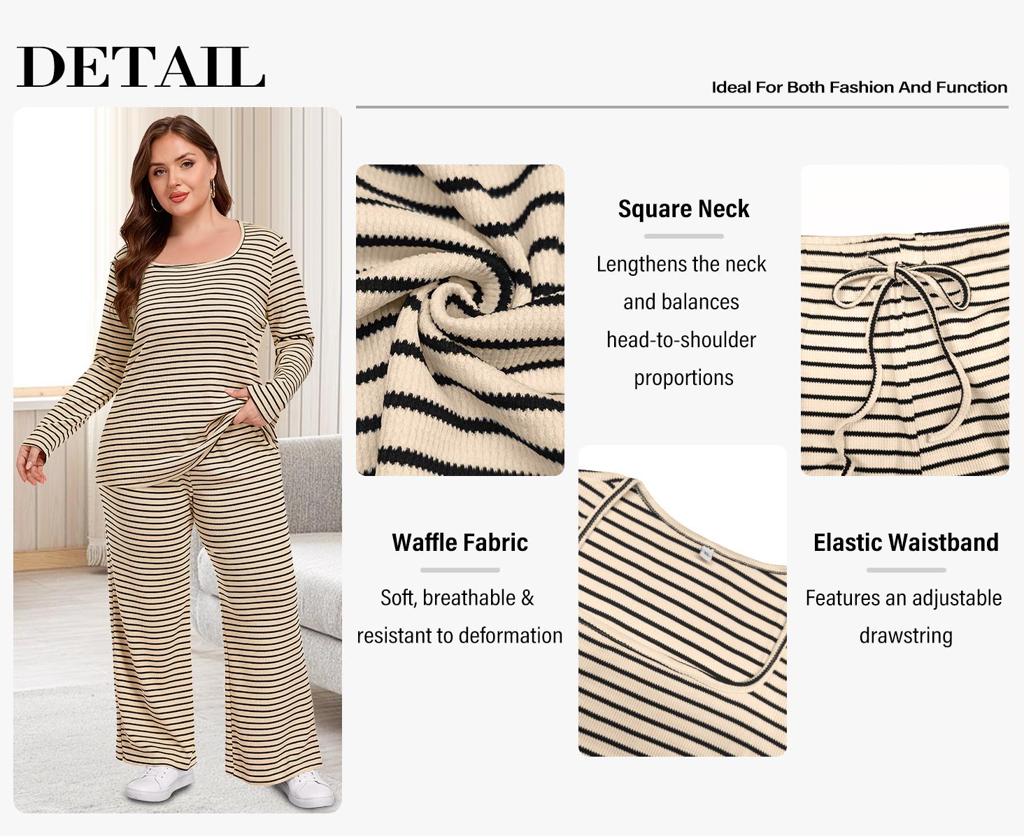 COOTRY Plus Size Curvy Women Matching 2‑Piece Outfit Set, Casual Stripe Print Long‑Sleeve Relaxed‑Fit Top & Below‑Ankle Pants, Machine Washable, Versatile For Fall Winter Everyday Occasions, 1XL‑6XL