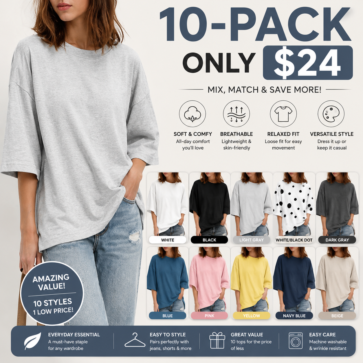 Women's Oversized Boxy Crewneck T-Shirt - Casual Half Sleeve Loose Fit Tunic Top