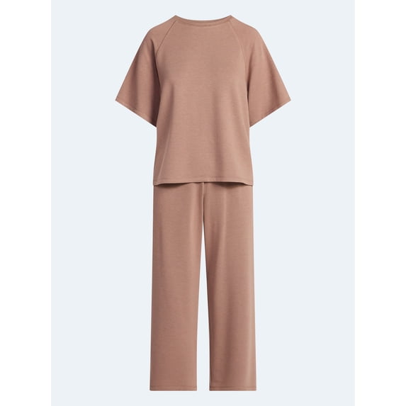 Women's Ultra-Soft French Terry 2-Piece Lounge Set - Raglan Short Sleeve Top & Capri Pants