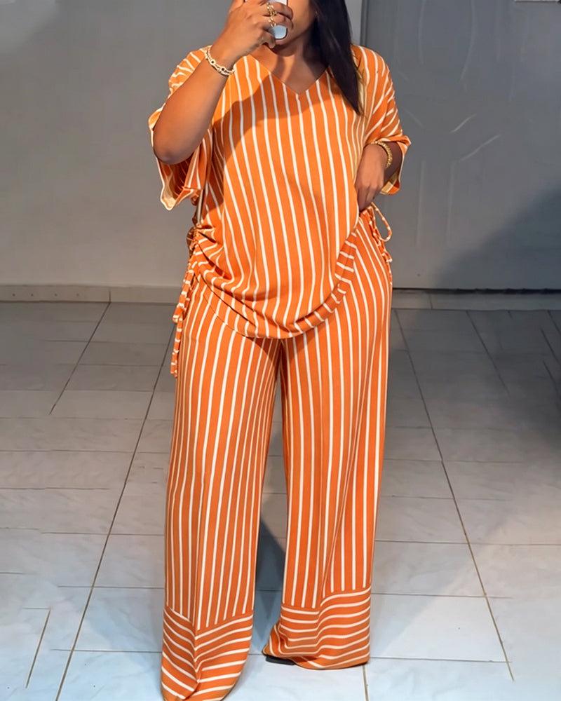 Women's 2-Piece Striped Loose-Fitting V-Neck Thin Drape Wide-Leg Pants Suit, Summer New Fashion Casual Clothes for Women, Women's Clothes Women's 2-Piece Striped Loose-Fitting V-Neck Thin Drape Wide-Leg Pants Suit, Summer New Fashion Casual Clothes for Women, Women's Clothes