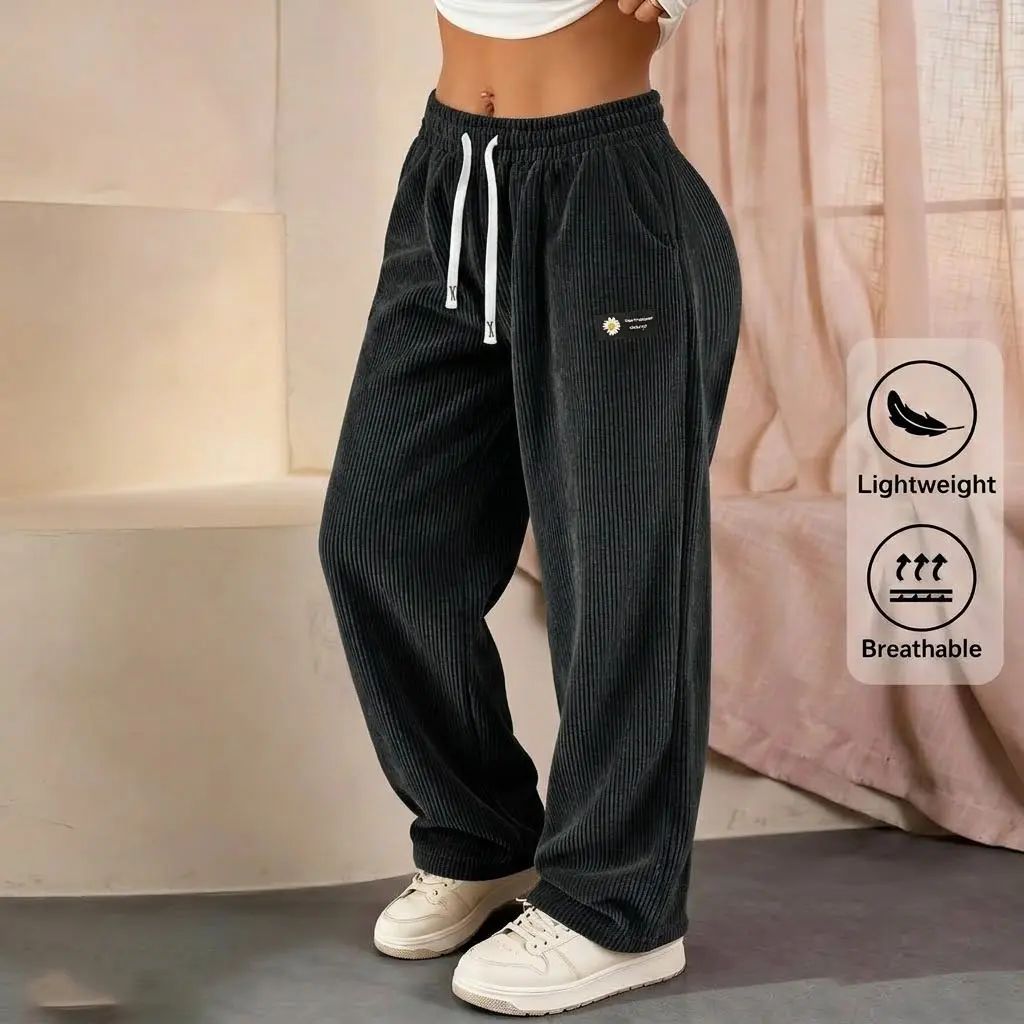 Women’s straight-leg corduroy casual pants with a fashionable drawstring waist