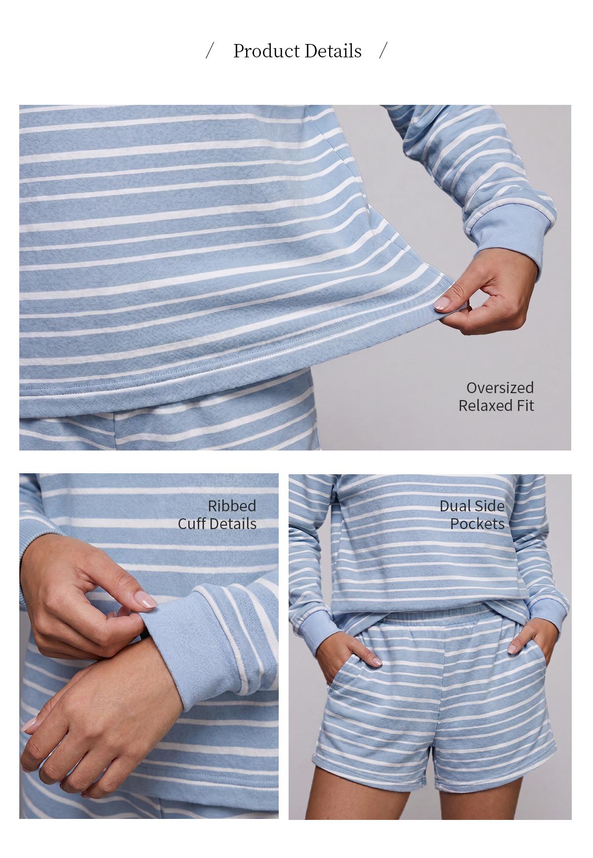 Chicovar Women's Striped Lounge Set, Oversized Long Sleeve Crewneck Top and Shorts Matching Set, Casual Relaxed Fit Two Piece Outfit, Comfy Everyday Loungewear
