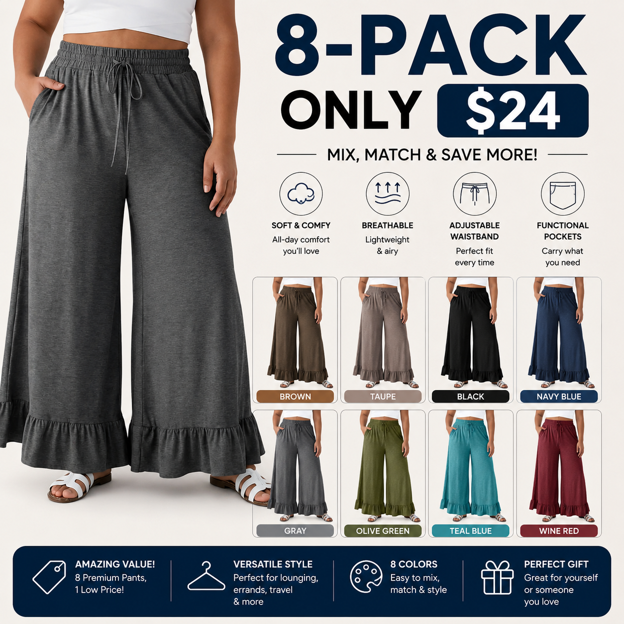 Women's Plus Size Wide Leg Palazzo Pants – High Waisted Elastic Drawstring Ruffle Hem with Pockets
