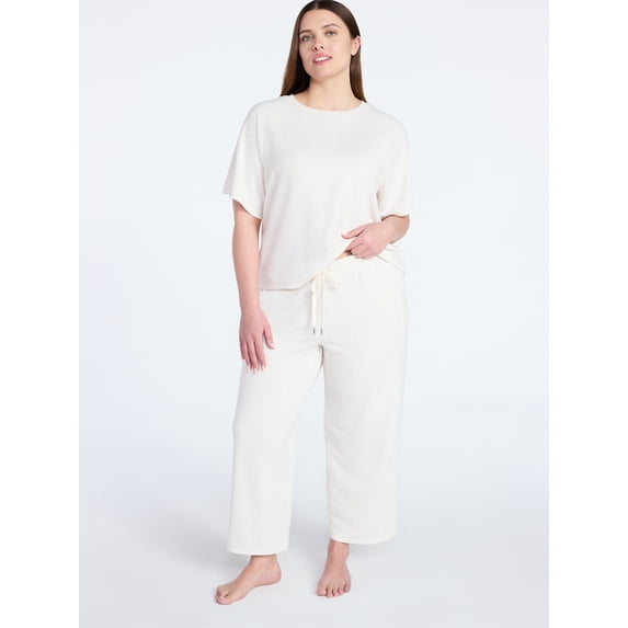 Women's Ultra-Soft French Terry 2-Piece Lounge Set - Raglan Short Sleeve Top & Capri Pants