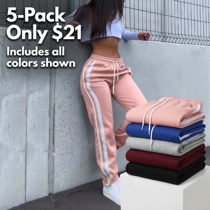 Women's Side Striped Casual Athletic Pants - High Waisted Drawstring Jogger Sweatpants