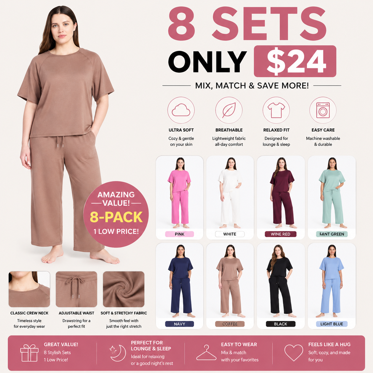 Women's Ultra-Soft French Terry 2-Piece Lounge Set - Raglan Short Sleeve Top & Capri Pants