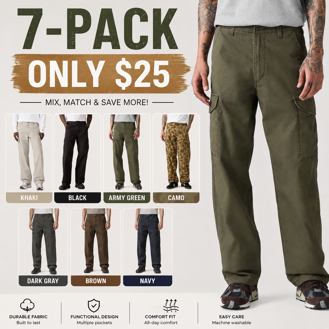 Men's Classic Utility Cargo Pants - Baggy Fit, Durable Fabric