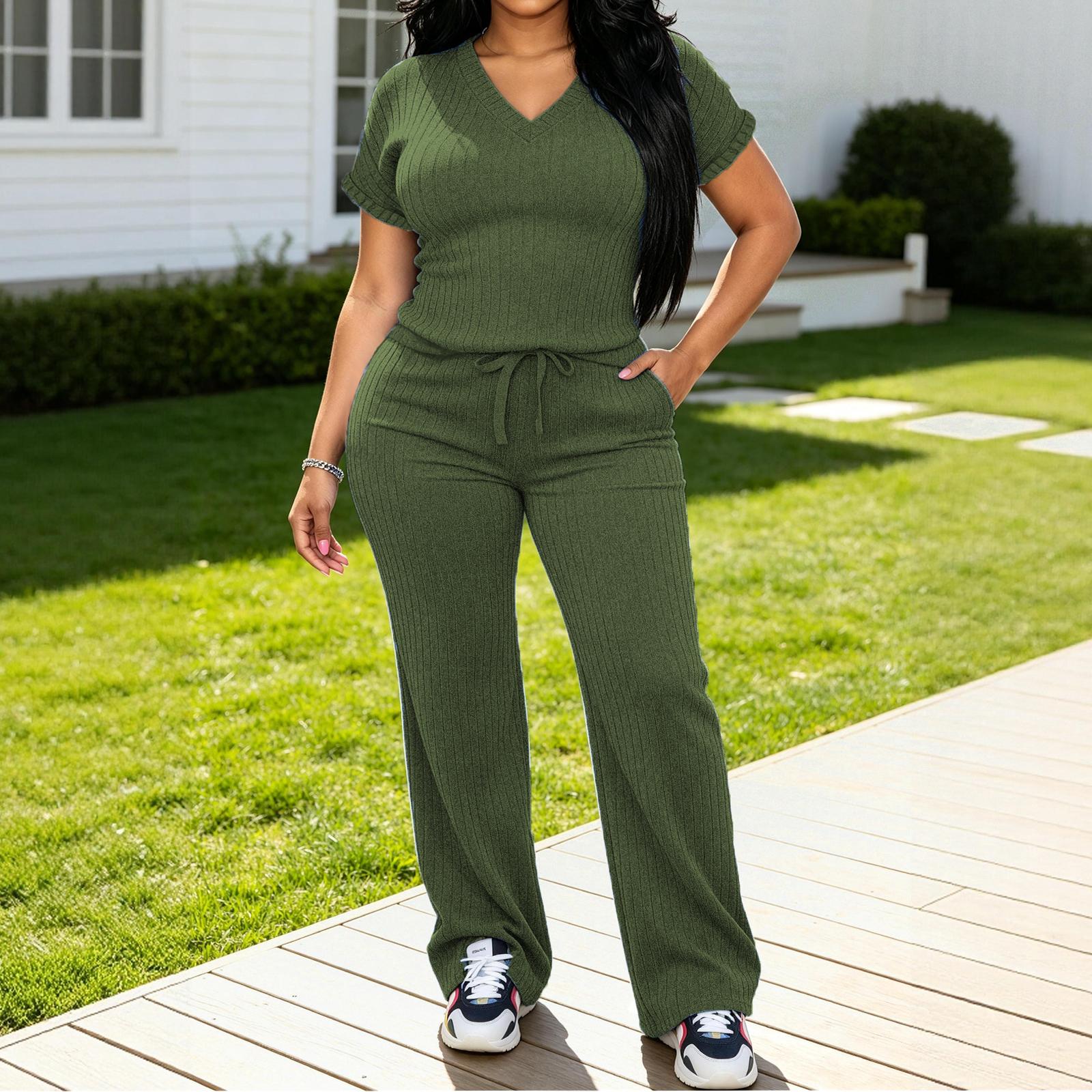 MOEENCN Women's Ultra-Soft Brushed Ribbed Knit 2-Piece Loungewear Set, V-Neck Top & High Waist Wide Leg Pants with Pockets for Lazy Days & Brunch summerwins Womenswear Clothes Suits Pajama Set Pjs
