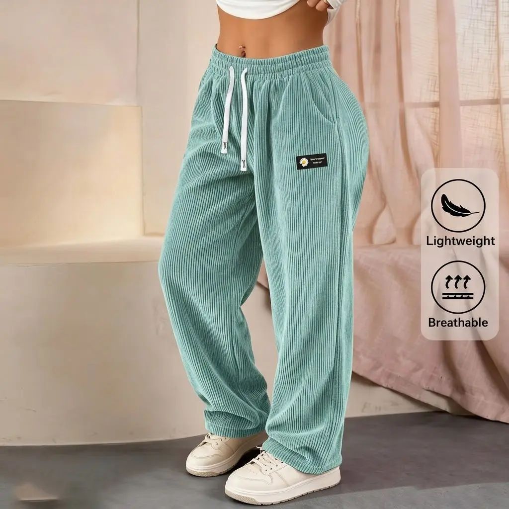 Women’s straight-leg corduroy casual pants with a fashionable drawstring waist
