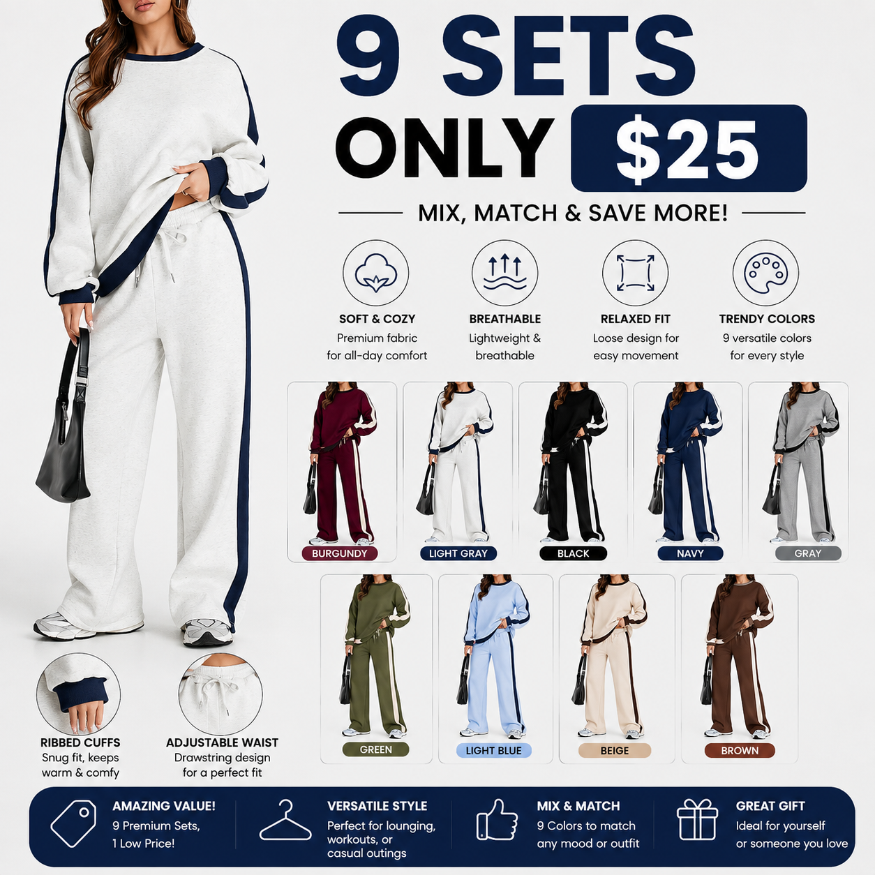 Women's Fleece Sweatsuit 2-Piece Matching Set - Loose Crewneck Sweatshirt & Straight Leg Sweatpants