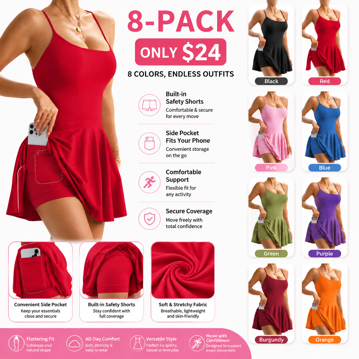 Women's Cross Back Tennis Dress with Built-in Shorts & Pockets - Sleeveless Active Workout Dress