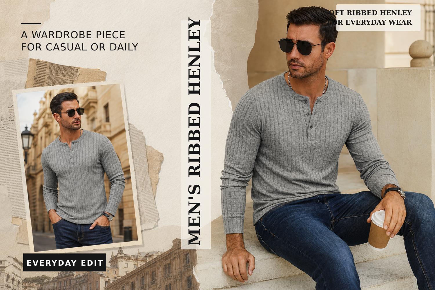Men&rsquo;s Ribbed Henley Long Sleeve Shirt Slim Fit Stretch Casual Knit Pullover for Men Soft Breathable Fashion Tee