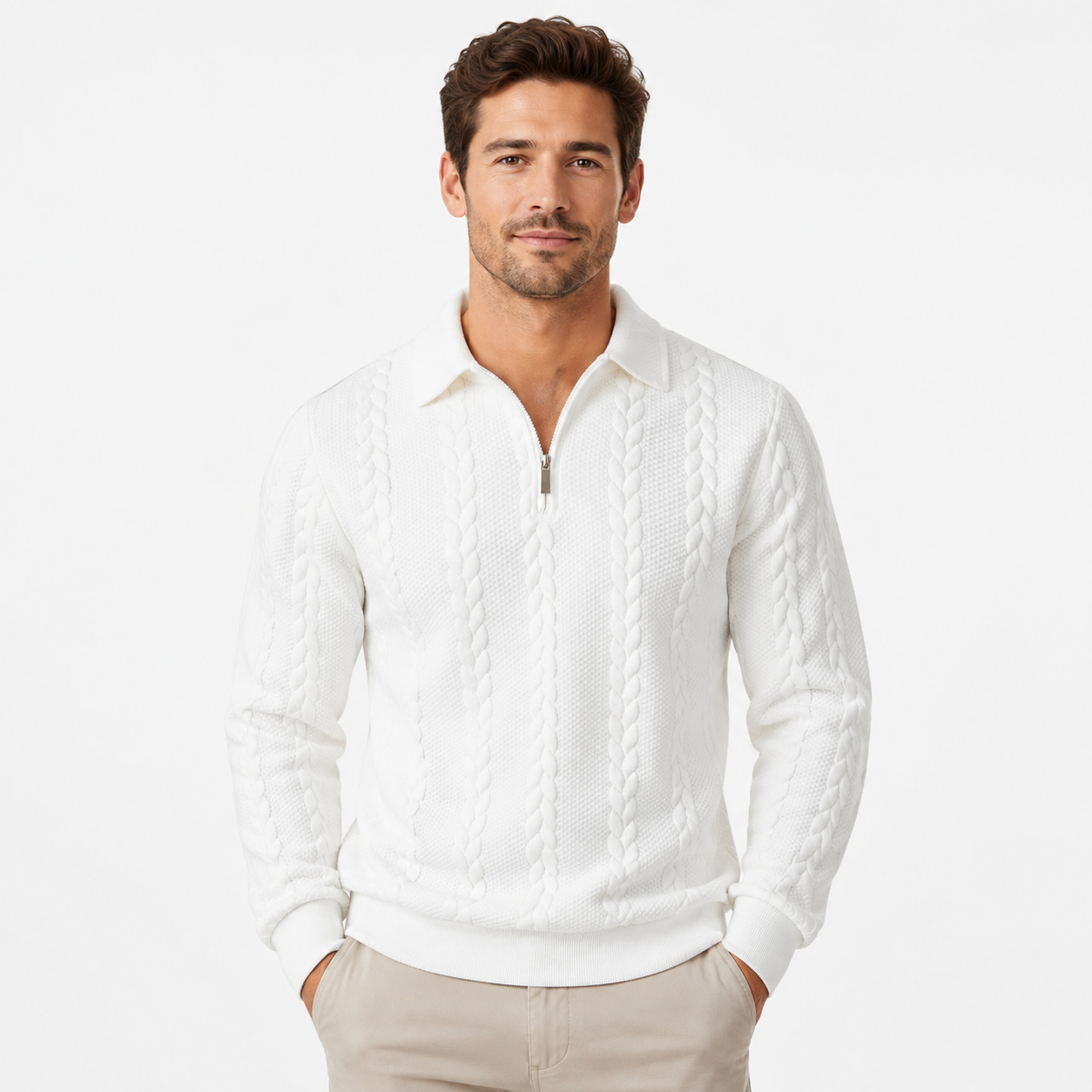 Men's Knitted Polo Neck Half-Zip Sweatshirt – Fitted Cable Knit Pullover