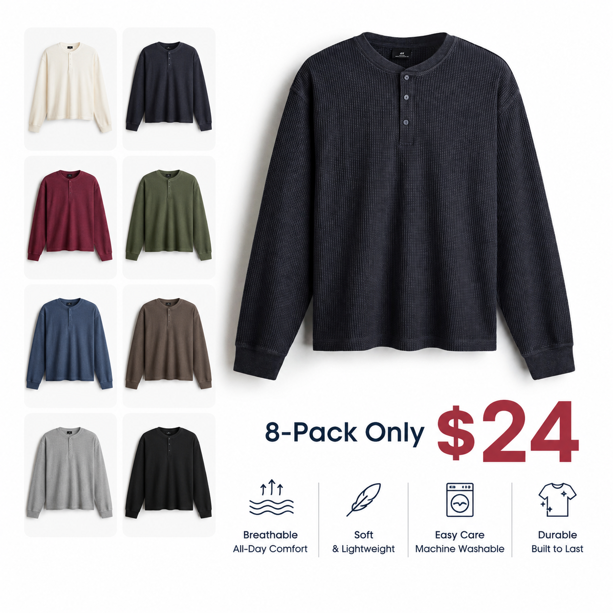 Men's Classic Regular Fit Waffle Knit Henley Top