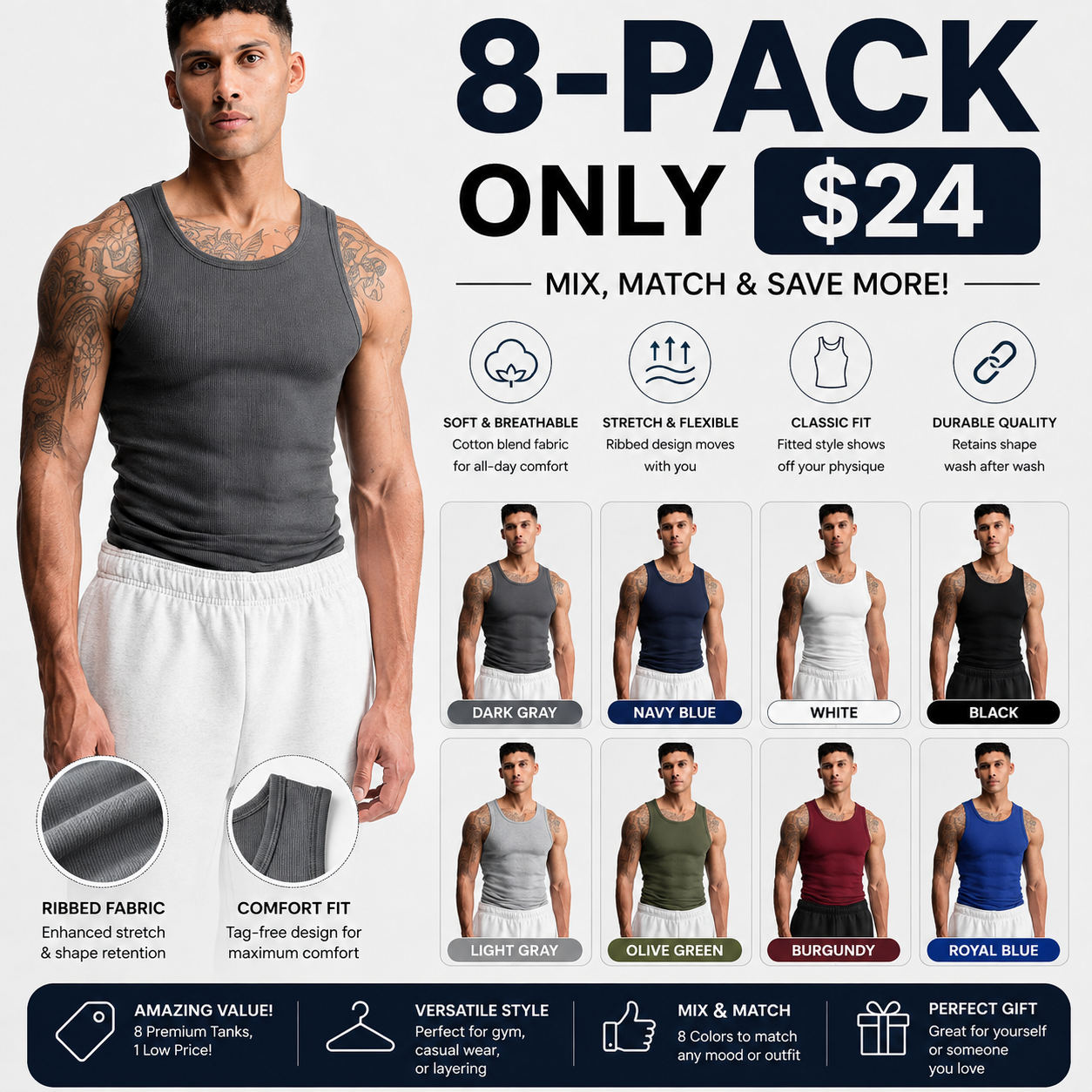 Women's Premium Ultra-Soft Cotton Fitted Tank Top - Breathable Everyday Basic Camisole
