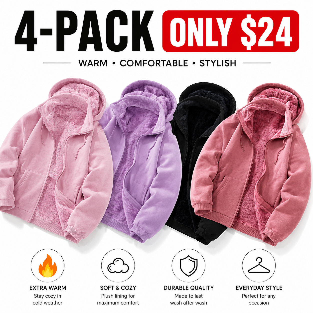 Women's Fleece Jacket – Thick Lining, Detachable Hood, Casual Winter Cardigan