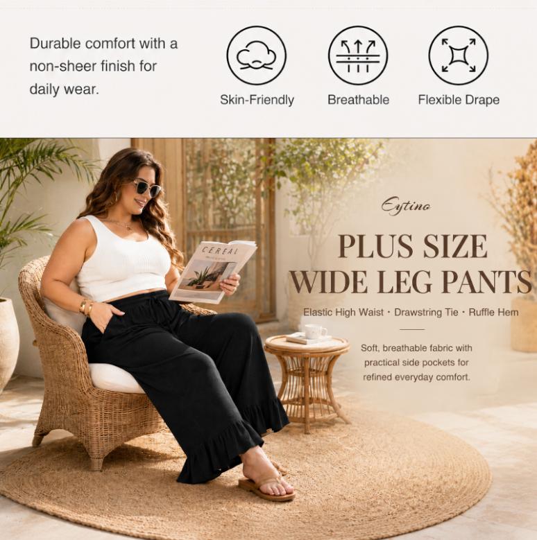 Eytino Womens Plus Size Wide Leg Pants Casual Elastic High Waisted Drawstring Ruffle Hem Palazzo Pants with Pockets(1X-5X)