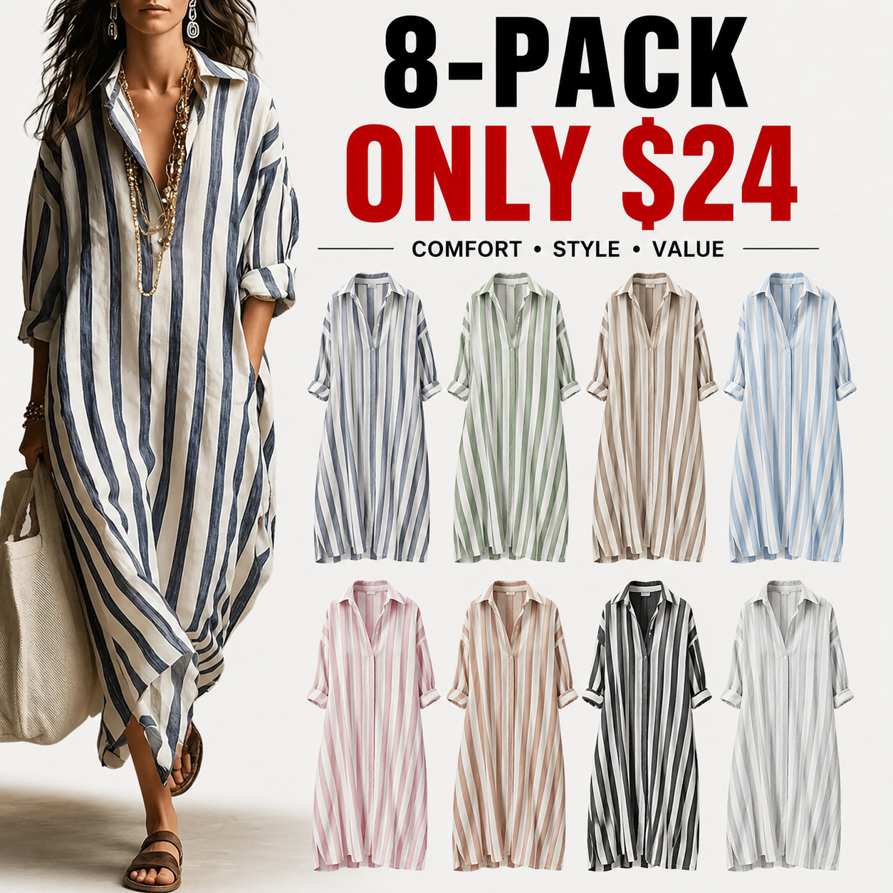 Women's Casual Loose Fit Striped Shirt Dres