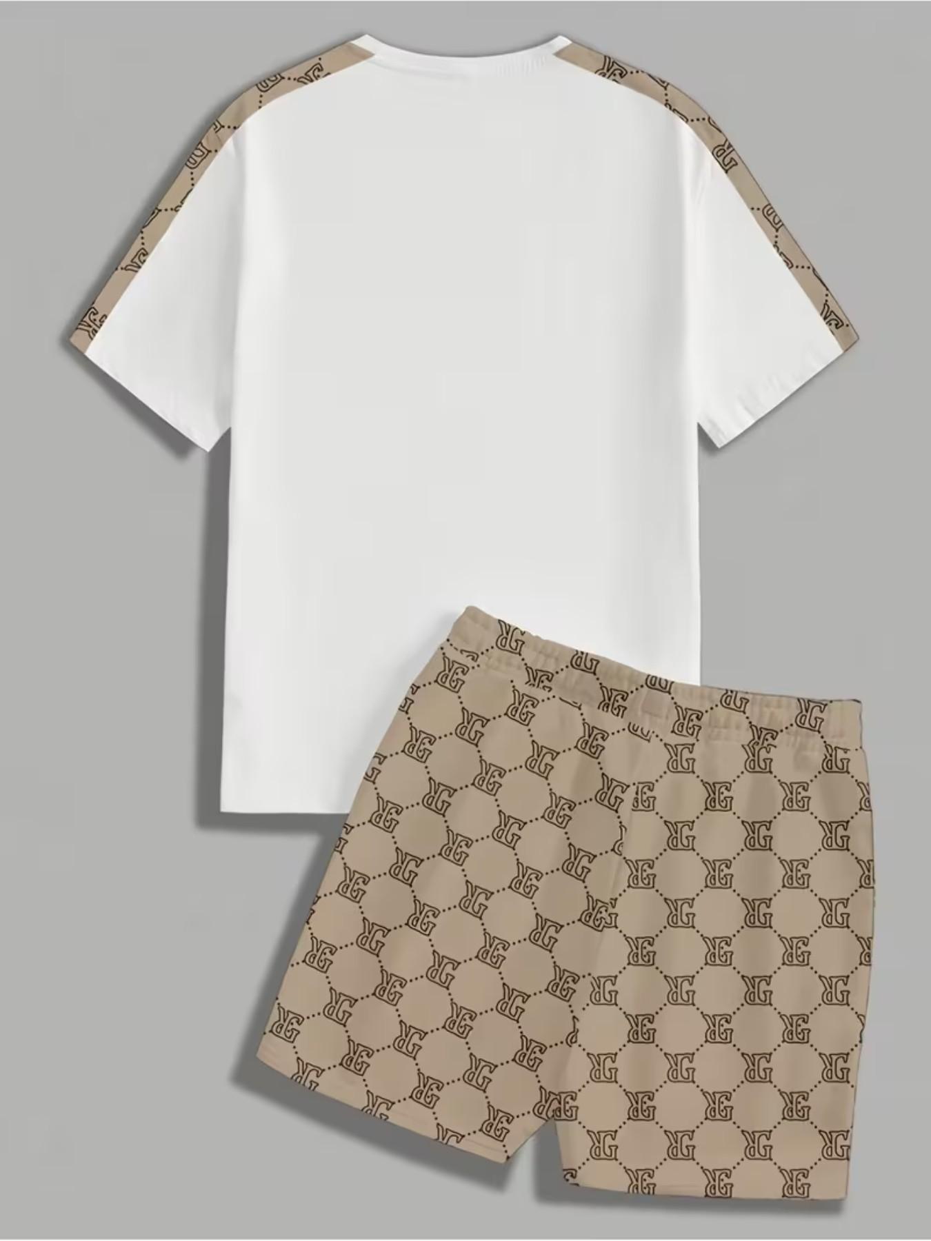 Men's Streetwear Casual Print Tee and Short Pants Set, Ideal Gift for Men and Teens, Geometric Pattern, Fitted Crop Top, Drawstring Shorts